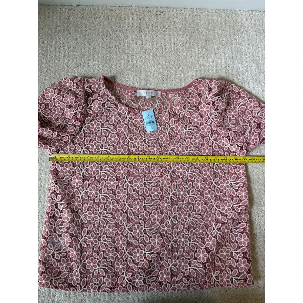 Loft Floral Lace Top Crop Small Petite Pink New Puff Sleeve Coquette Blouse